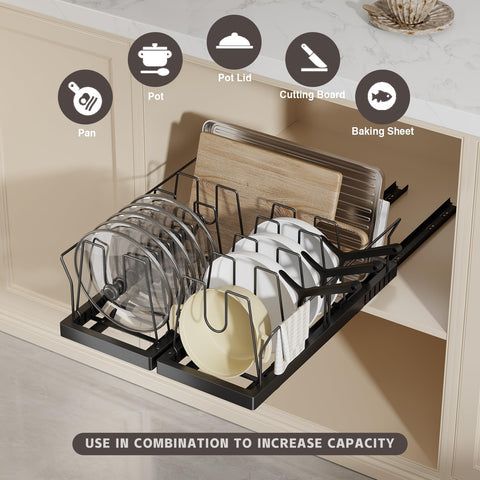 Magheo pull-out lid organizer with 10 dividers keeps lids neatly arranged.