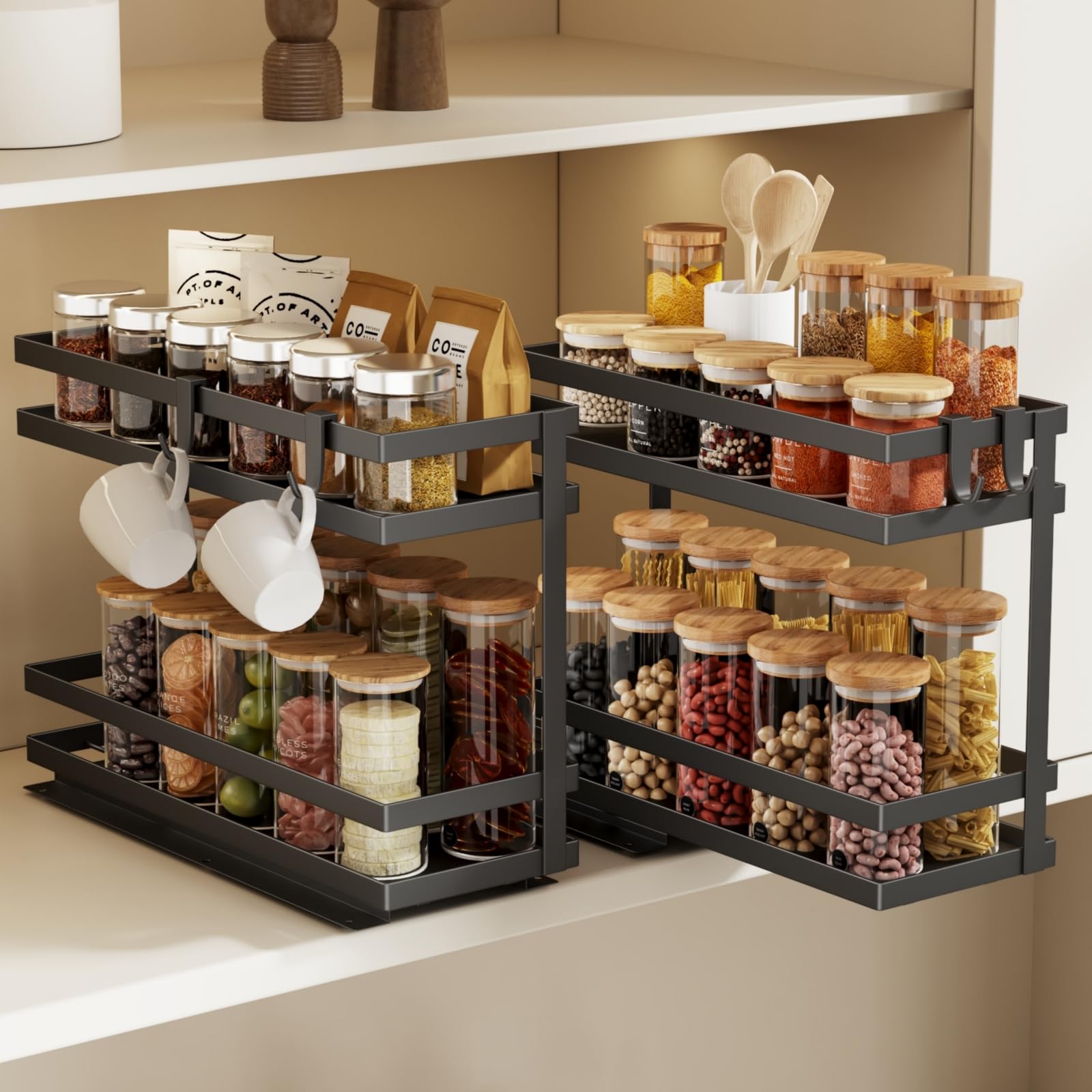 Magheo pull-out spice rack in cabinet shows two-tier design for easy access.