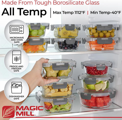 Close-up of Magic Mill airtight lids with silicone seals for spill-free storage.