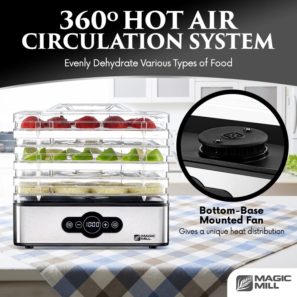 Magic Mill adjustable-tray spacing handles thick cuts like steak or chunky veggies.