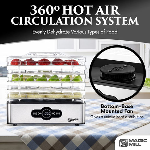 Magic Mill adjustable-tray spacing handles thick cuts like steak or chunky veggies.