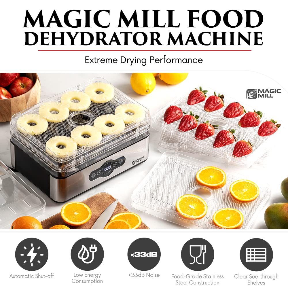 Magic Mill digital timer and temperature control enable customizable drying sessions.