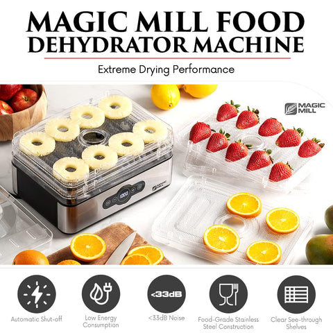 Magic Mill digital timer and temperature control enable customizable drying sessions.