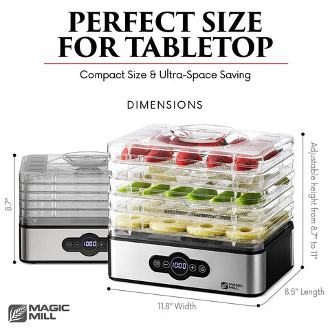 Magic Mill five-tray design maximizes space for multiple foods at once.