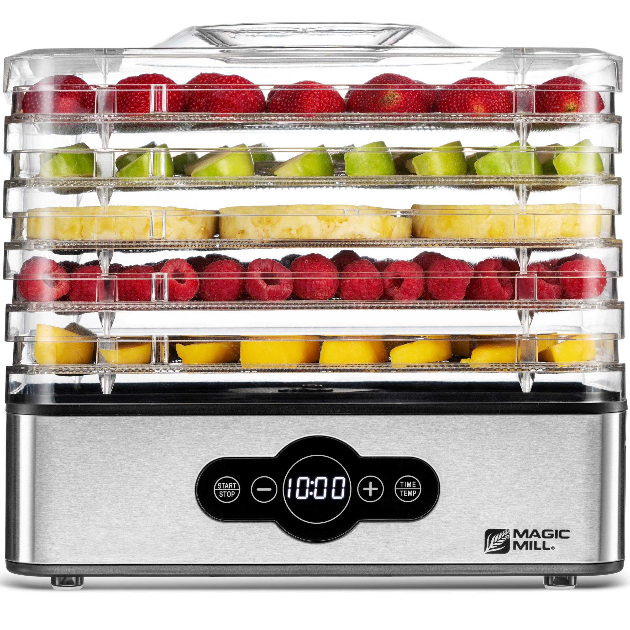 Magic Mill dehydrator top panel with digital controls enabling precise timing.