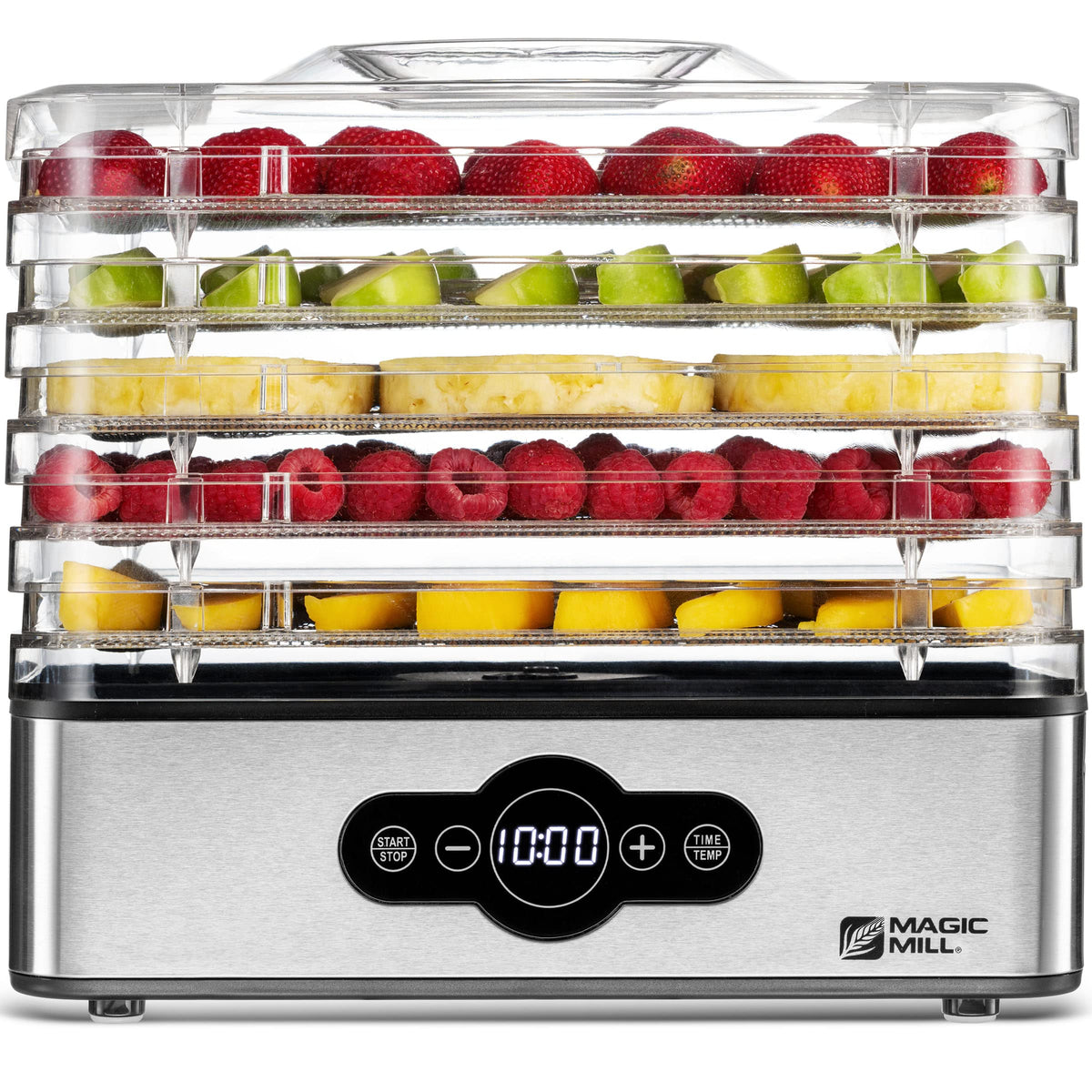 Magic Mill dehydrator top panel with digital controls enabling precise timing.