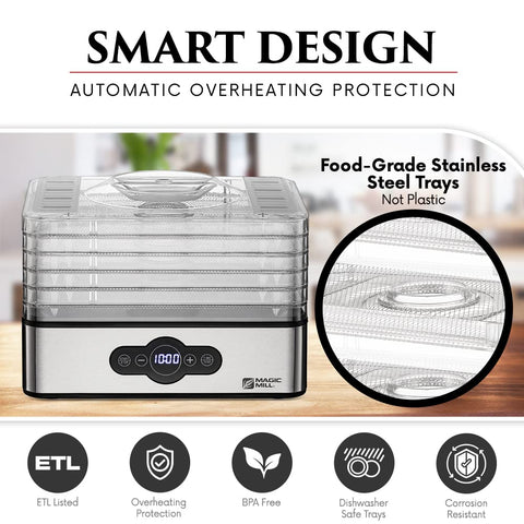 Magic Mill dehydrator is ideal for jerky, fruits, veggies, and dog treats.