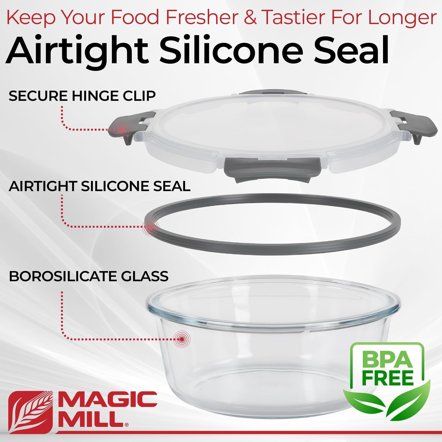 Magic Mill freezer-safe glass containers ready for long-term storage.