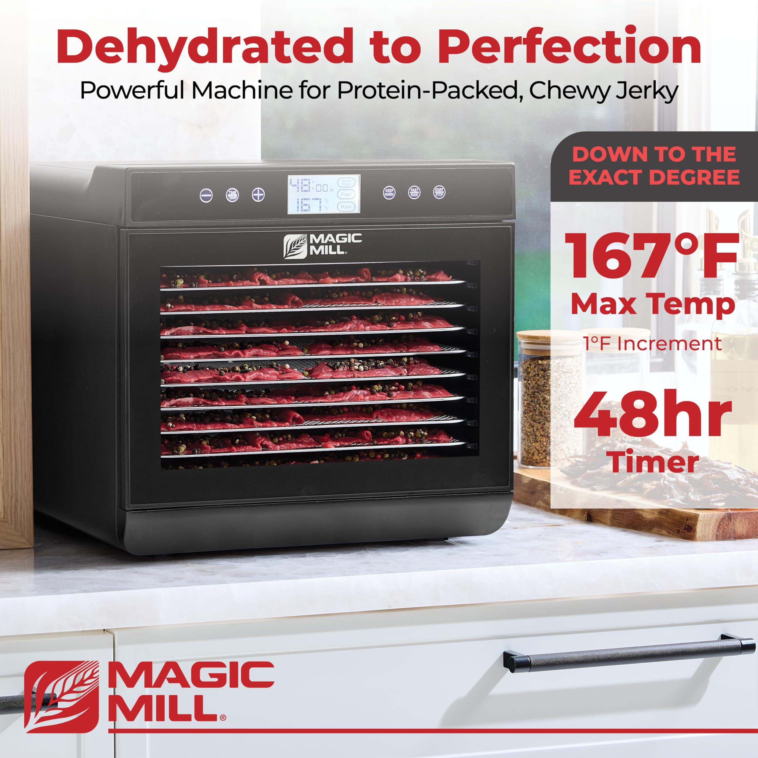 Magic Mill premium dehydrator with ten XL trays for large batches of jerky, fruit, and vegetables.