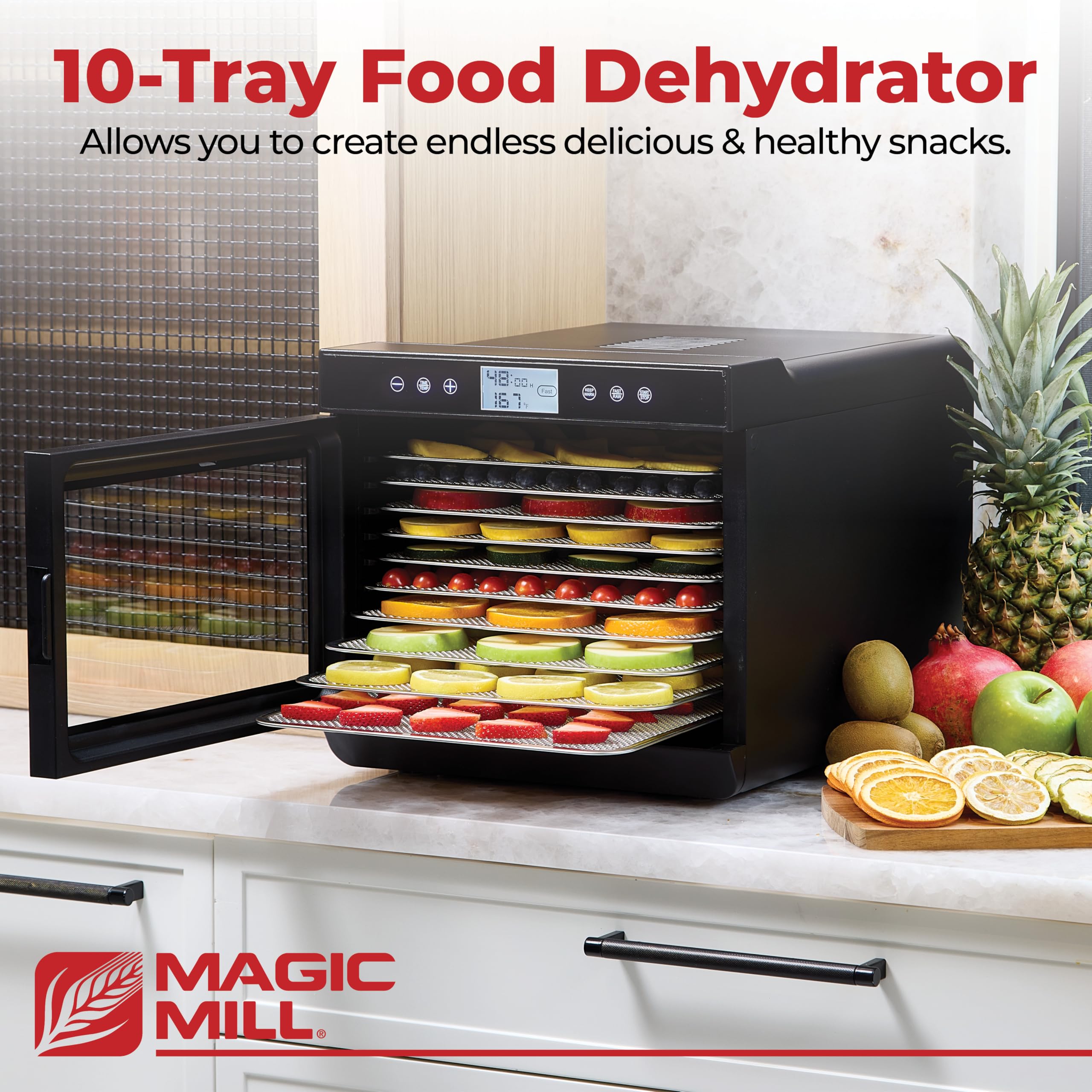 Magic Mill premium dehydrator with transparent door for easy progress monitoring.