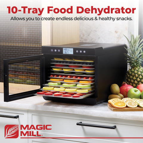 Magic Mill premium dehydrator with transparent door for easy progress monitoring.
