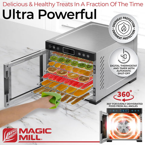 Magic Mill Pro 7 stainless steel trays arranged for batch drying with versatile mesh options.