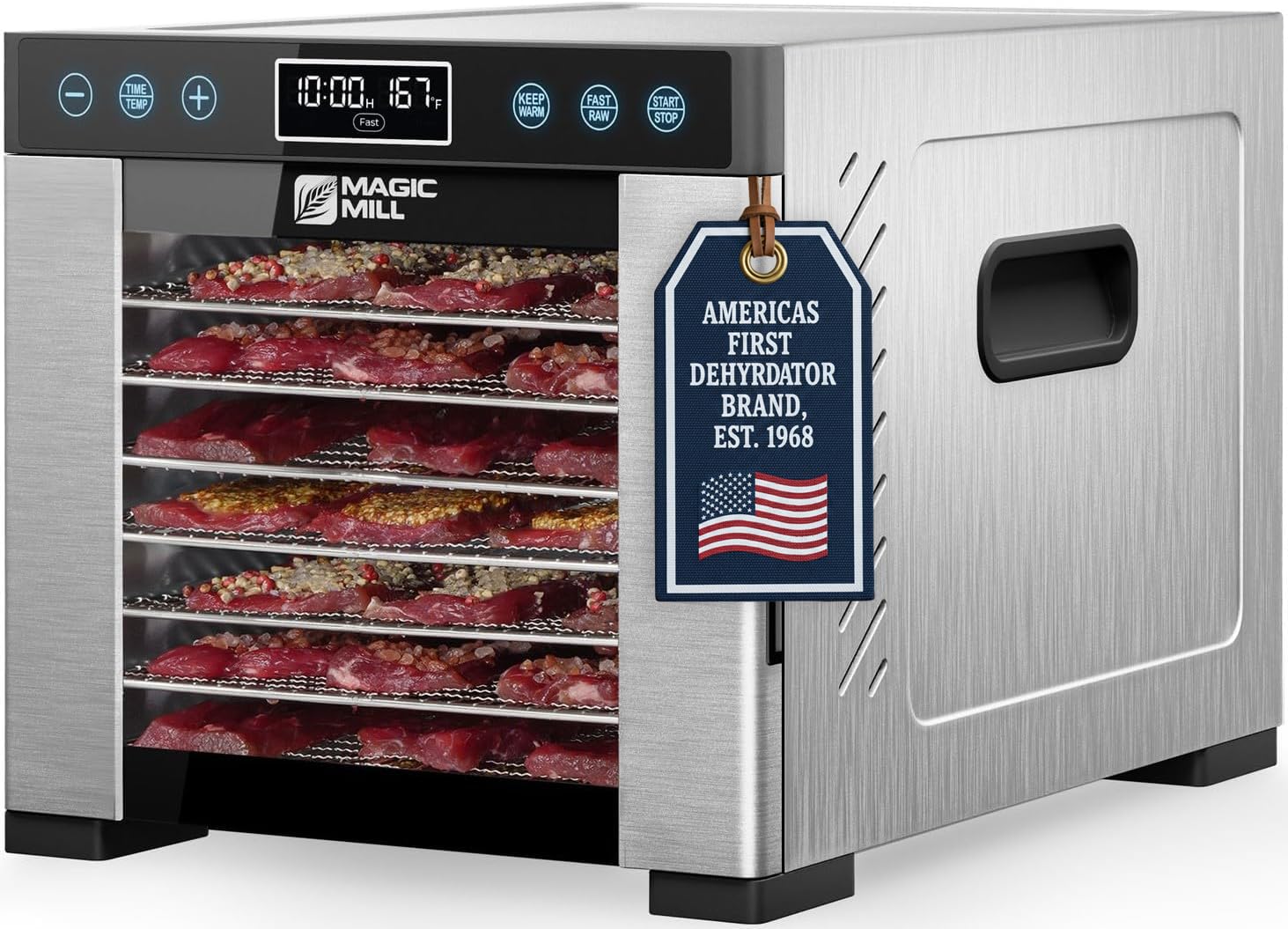 Magic Mill Pro dehydrator rear fan view highlighting even heat distribution for uniform drying.