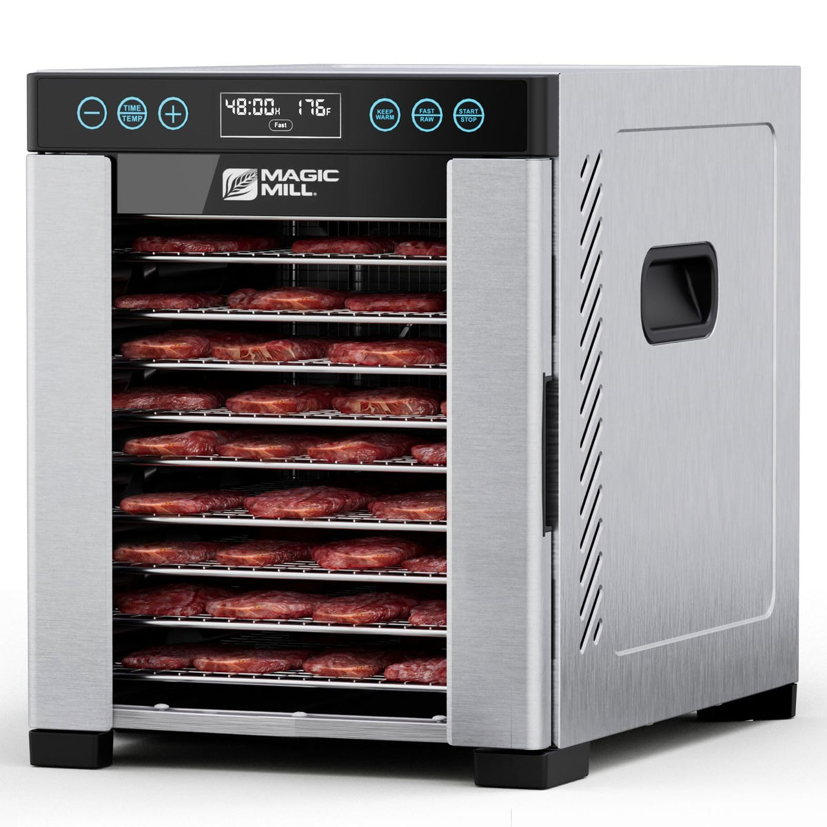 Magic Mill Pro dehydrator with rear-mounted fan for even drying across trays.