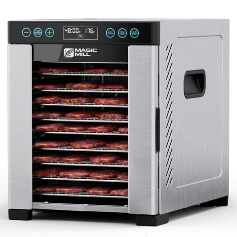 Magic Mill Pro dehydrator with rear-mounted fan for even drying across trays.