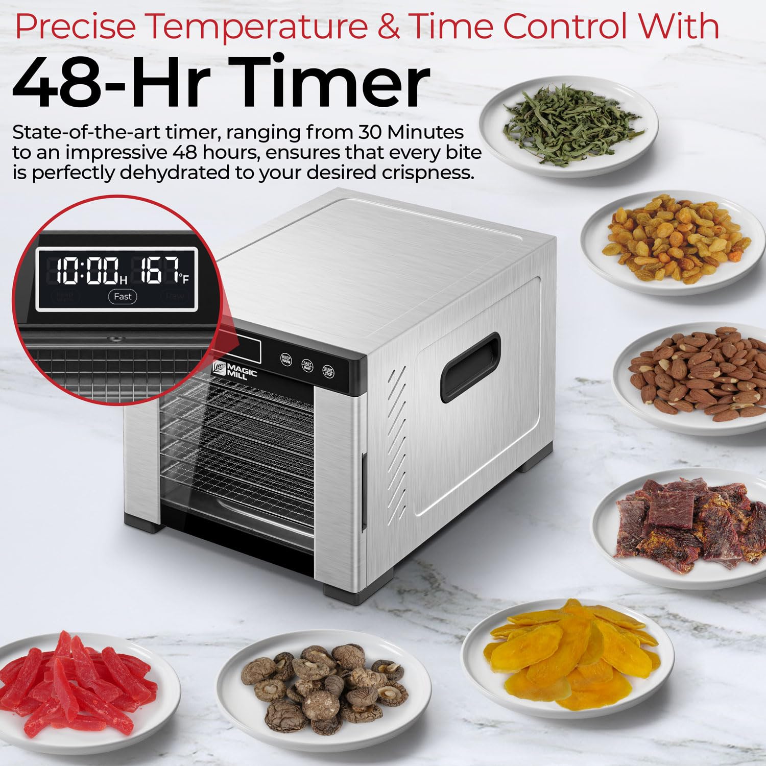Magic Mill Pro digital thermostat and timer control for precise, hands-free dehydration.