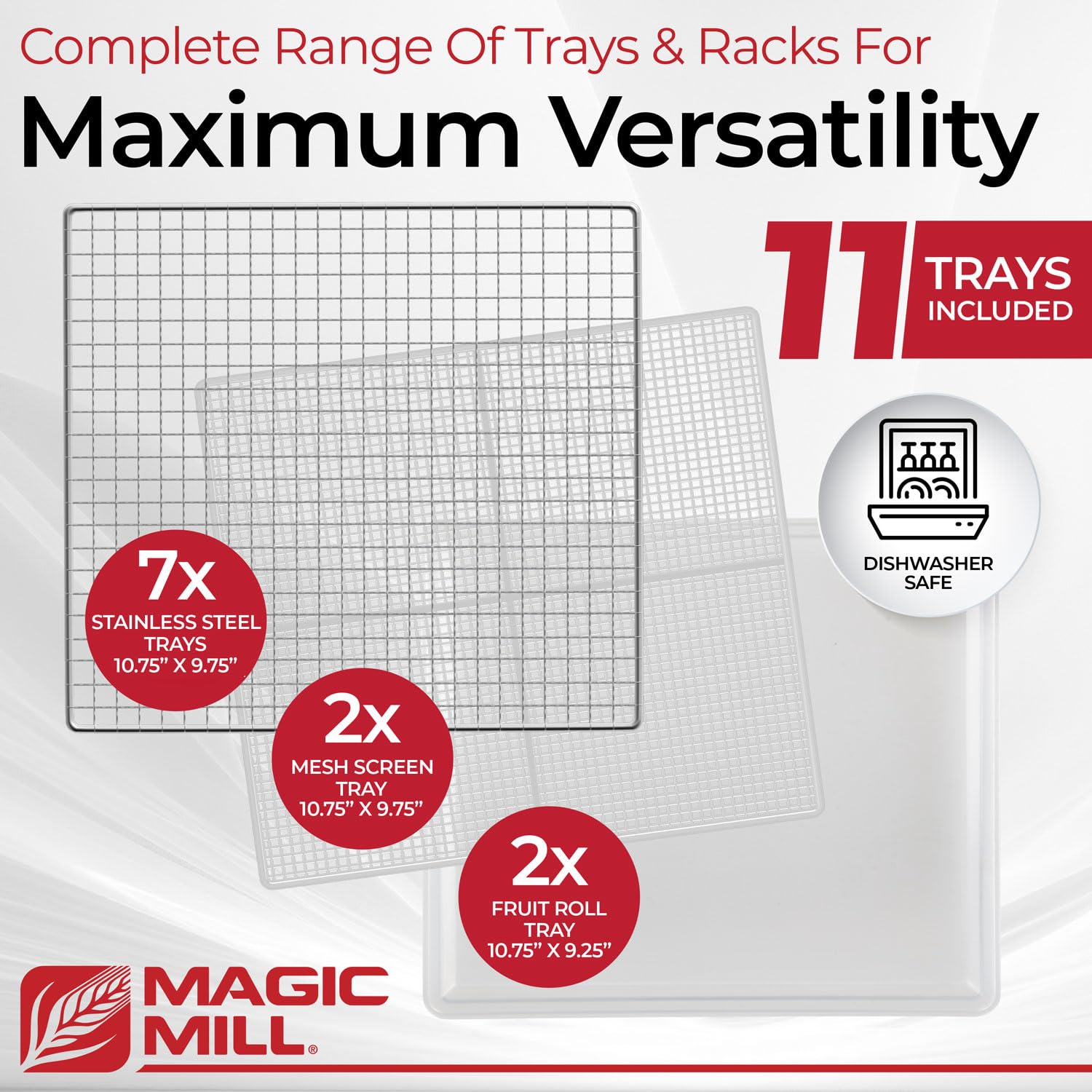 Magic Mill Pro dishwasher-safe trays shown for easy cleaning after use.