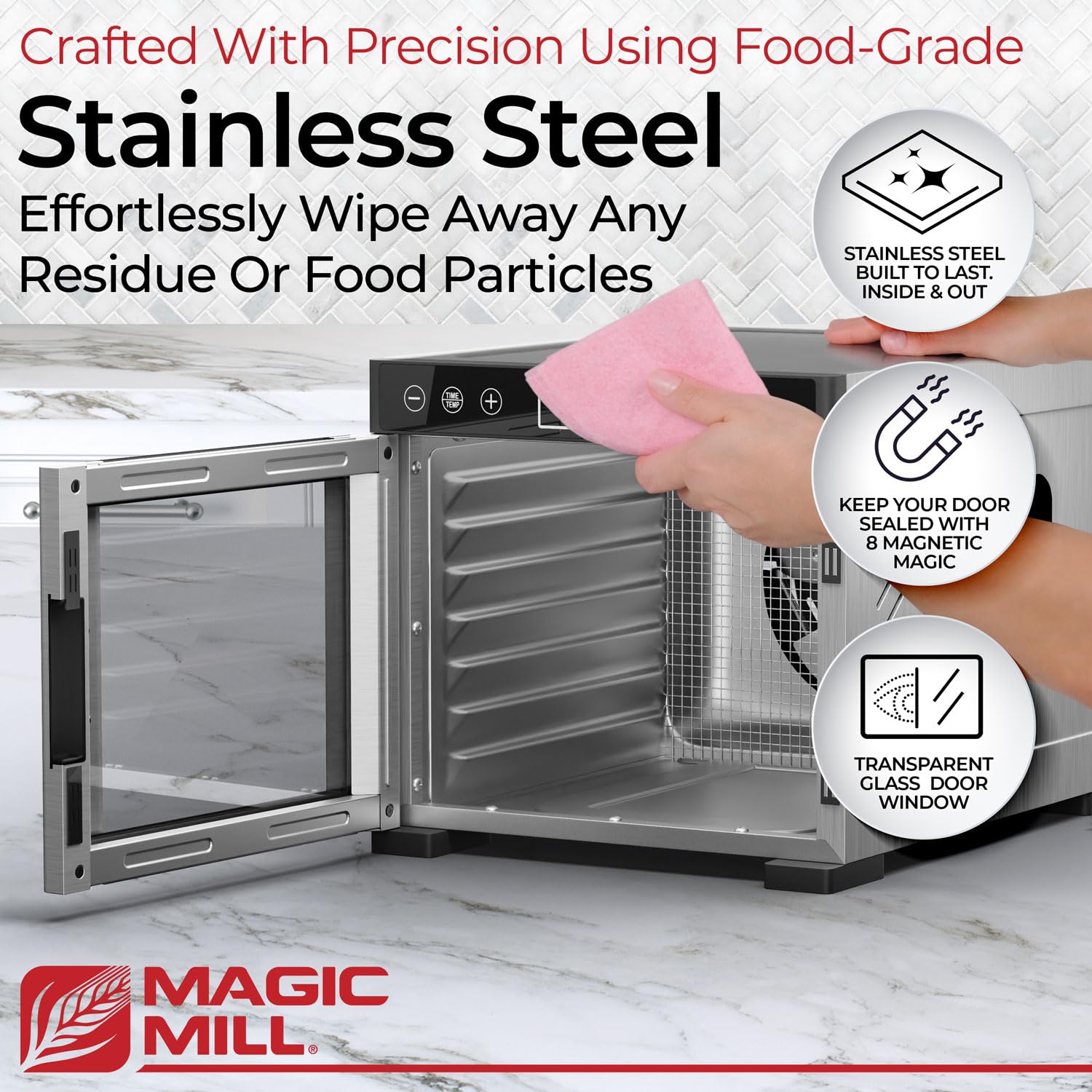 Magic Mill Pro dishwasher-safe trays simplify cleanup after dehydrating jerky and herbs.
