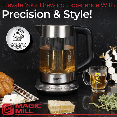Magic Mill Pro kettle highlighting British patent technology and trusted performance.