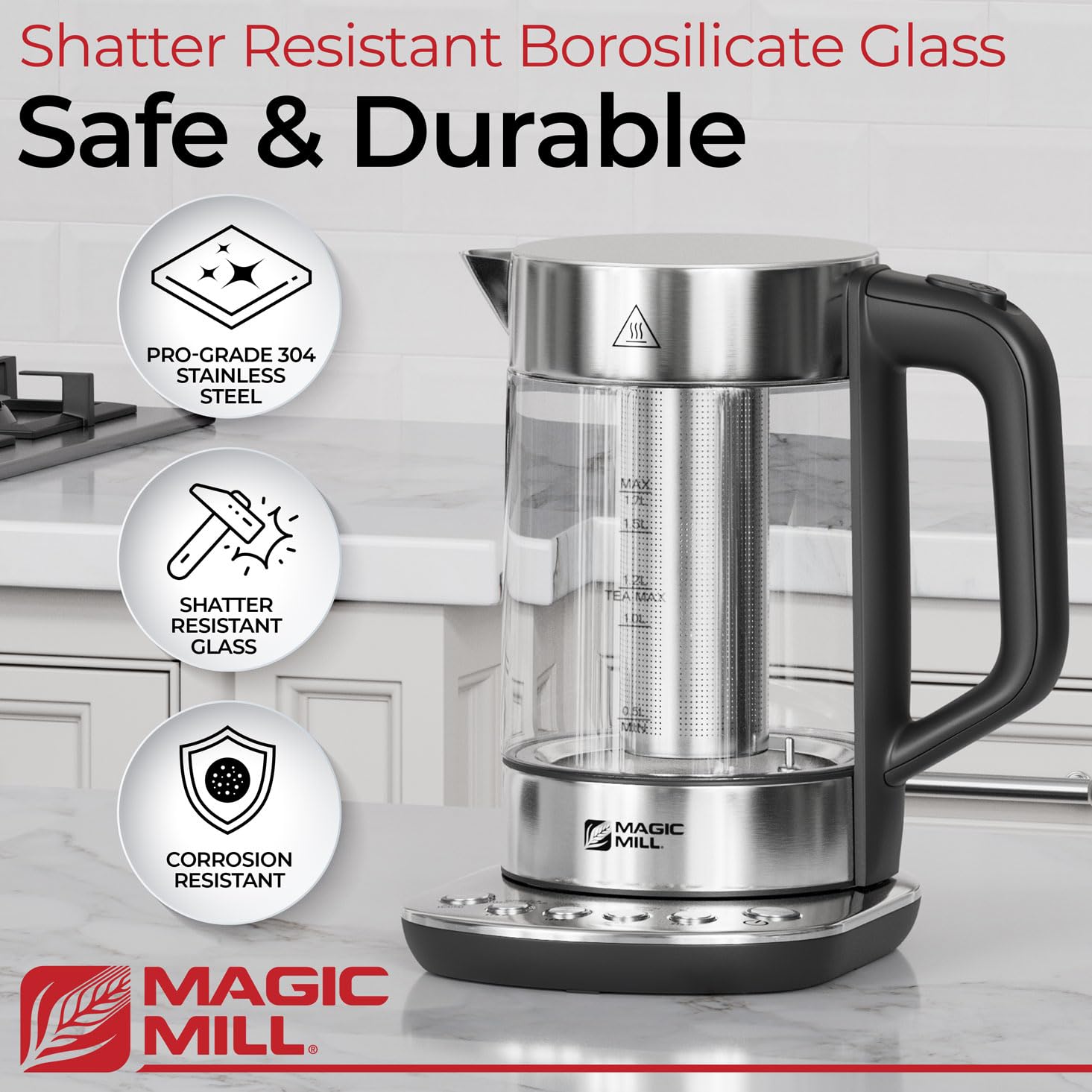 Magic Mill Pro kettle with removable tea infuser for plastic-free brewing.