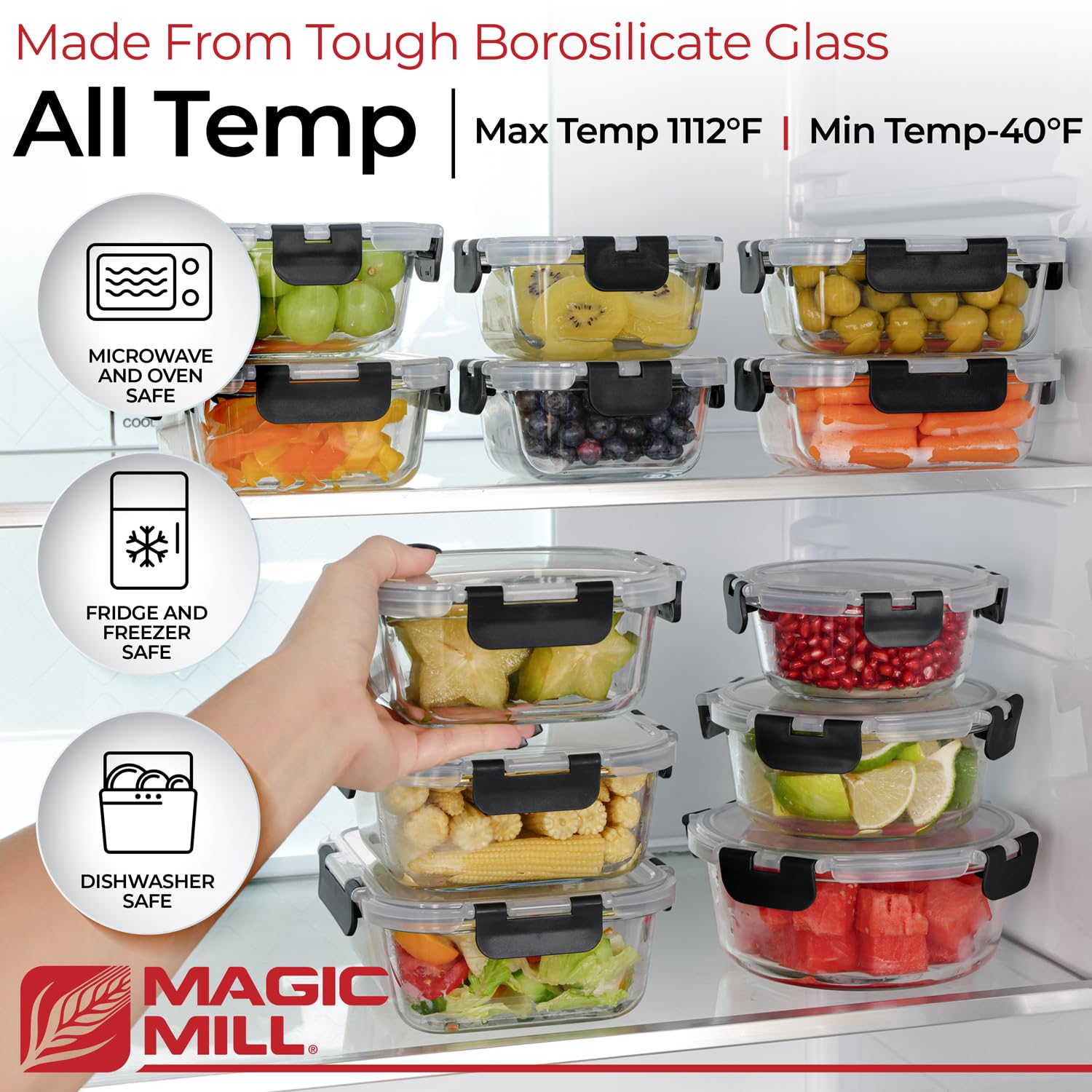 Magic Mill rectangle 21-5oz borosilicate container preserves leftovers securely