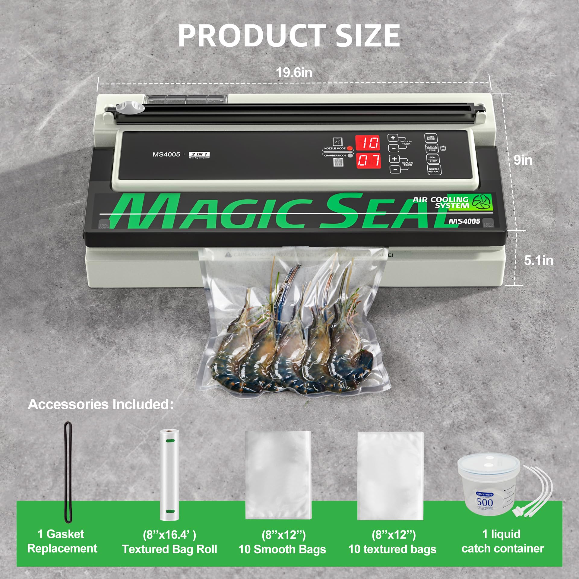 MAGIC SEAL MS4005 accessories bundle includes starter bags and gaskets.