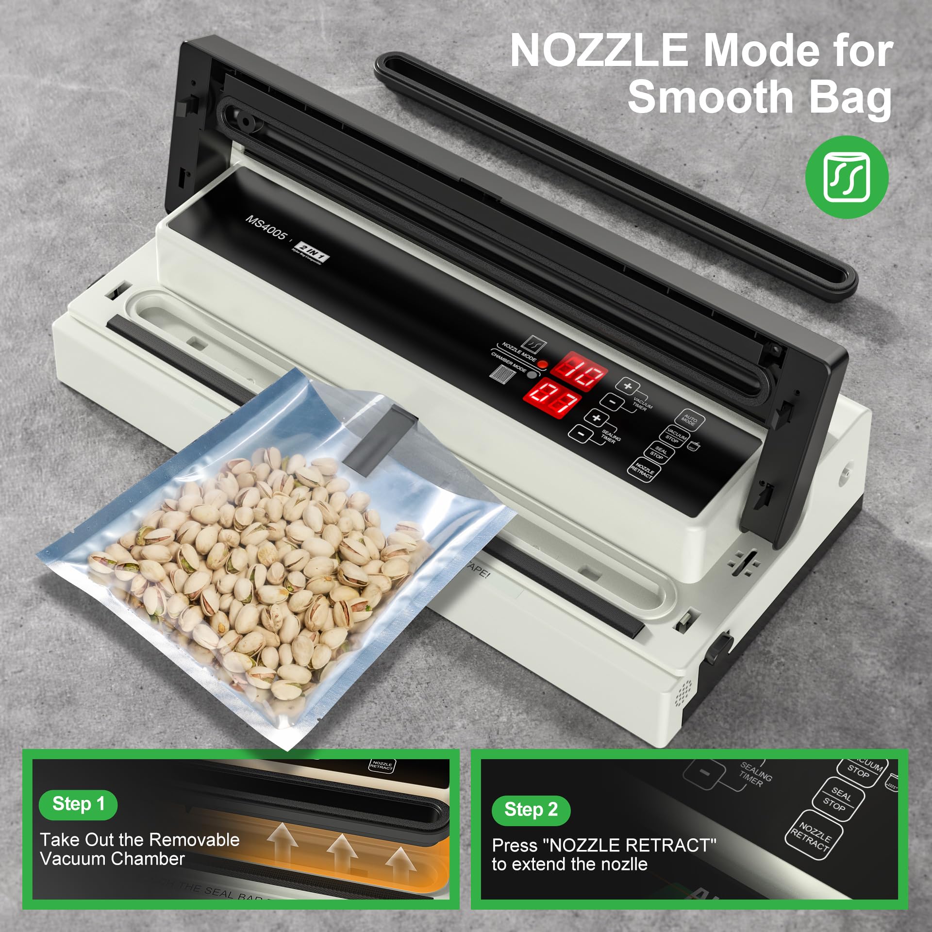 MAGIC SEAL MS4005 chamber mode with Mylar bags provides airtight packing.