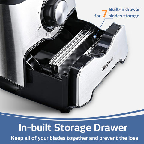Magiccos integrated blade drawer stores attachments neatly.