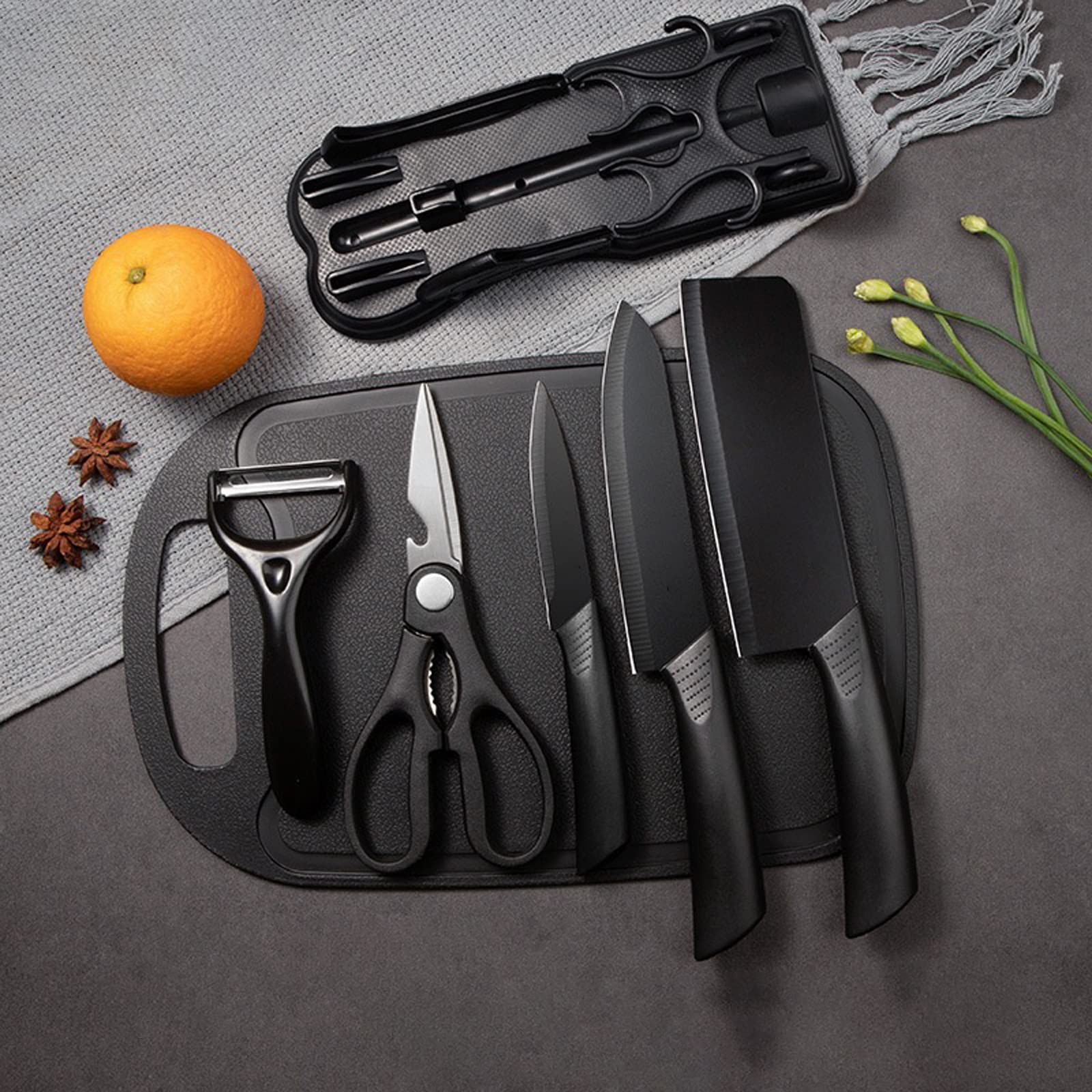 Magicorange knife block with knives ready for safe countertop storage.