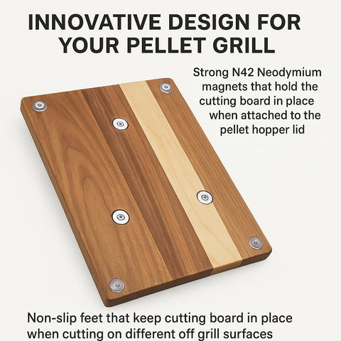 Magna Outdoors cutting board on front shelf provides quick, within-reach chopping surface