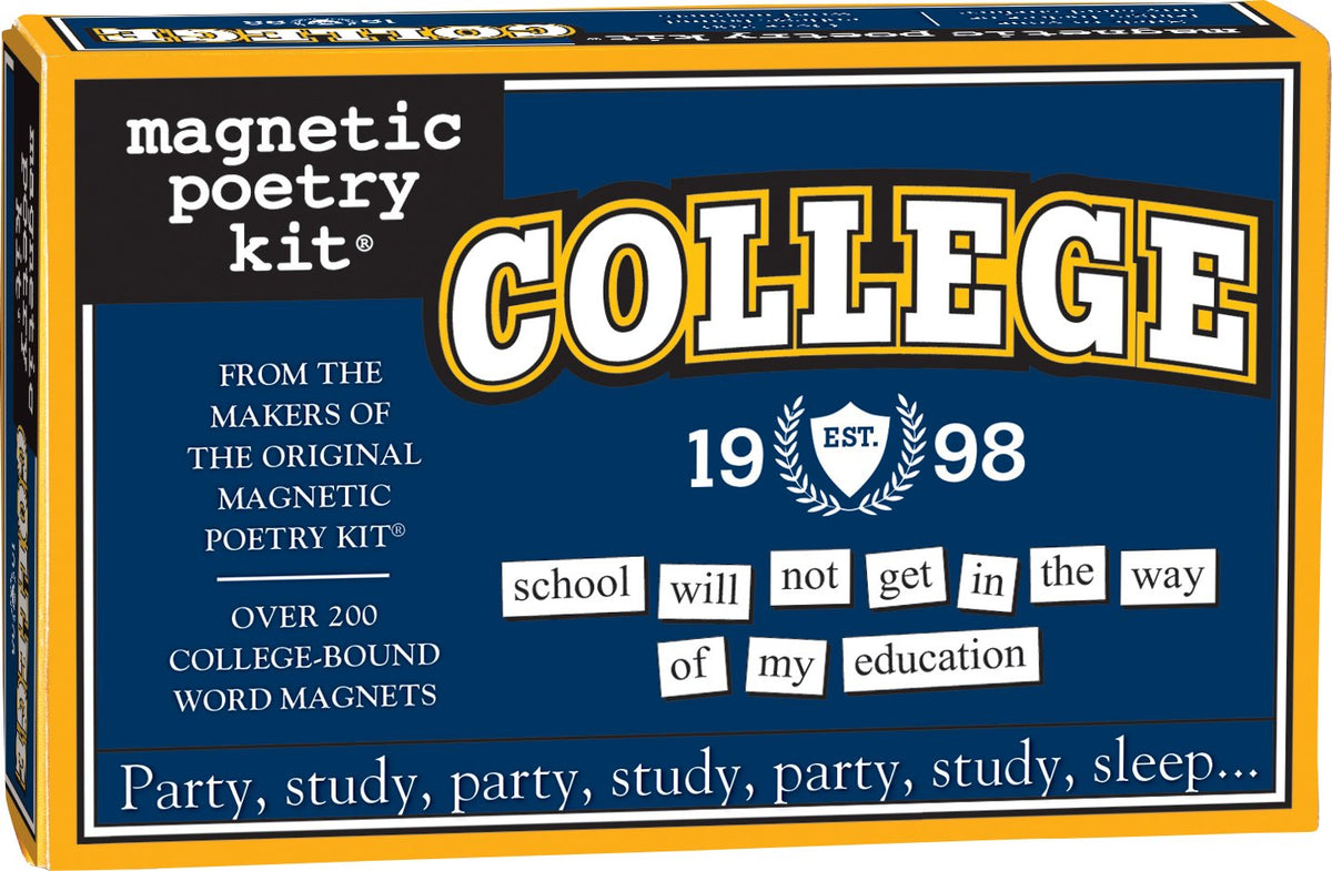 Magnetic Poetry College Kit tiles close-up for dorm fridge poetry.