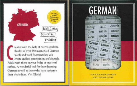 Close-up of Magnetic Poetry German Kit tiles showing bright colors and letters.