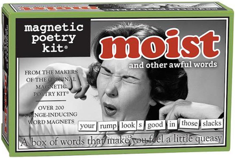 Magnetic Poetry Moist Kit tiles on a fridge ready for creative messages.