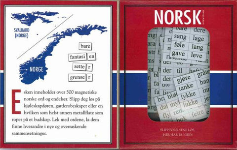 Close-up of Norwegian kit word tiles ready to mix and match on the fridge.