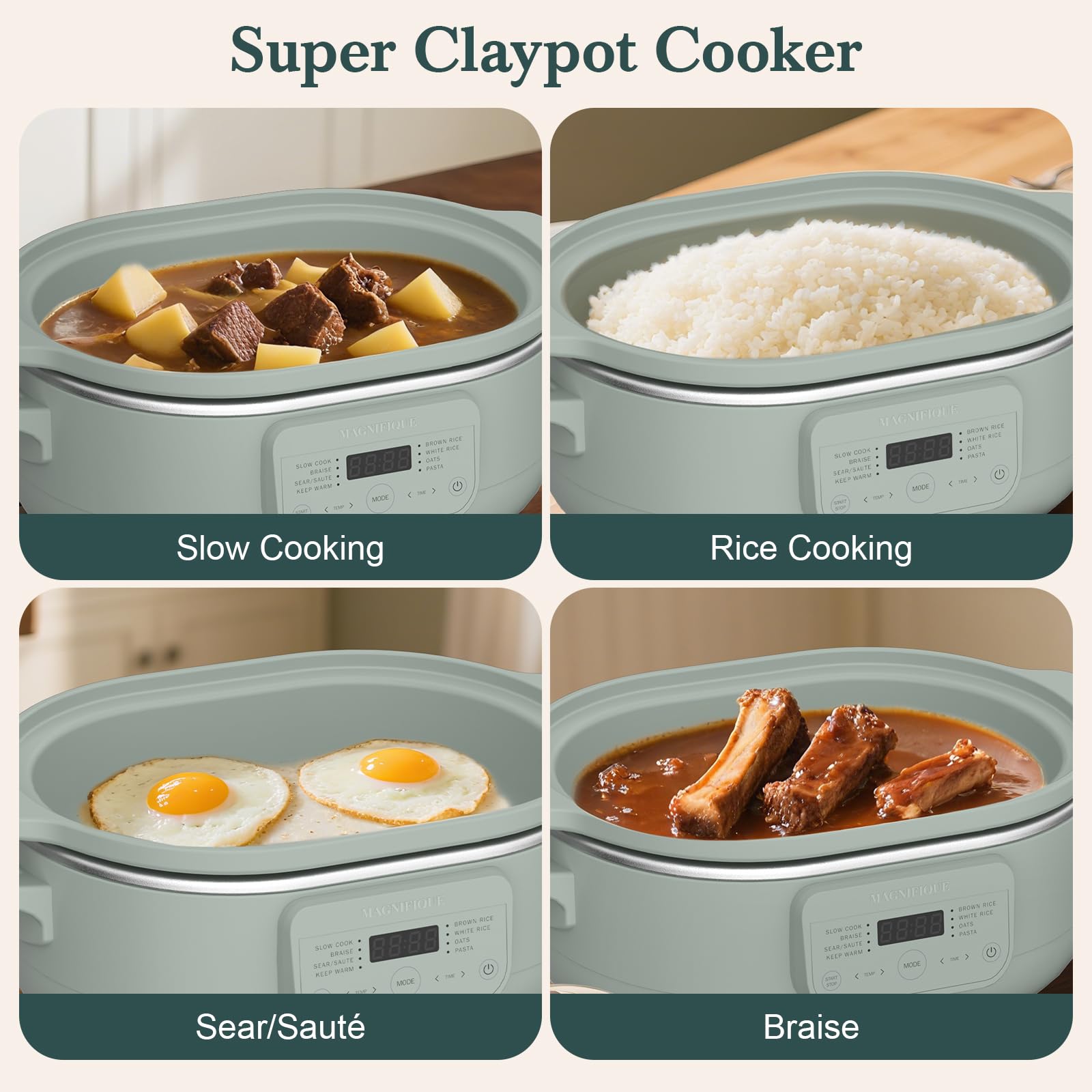 Magnifique olive slow cooker filled with lasagna, illustrating ample capacity