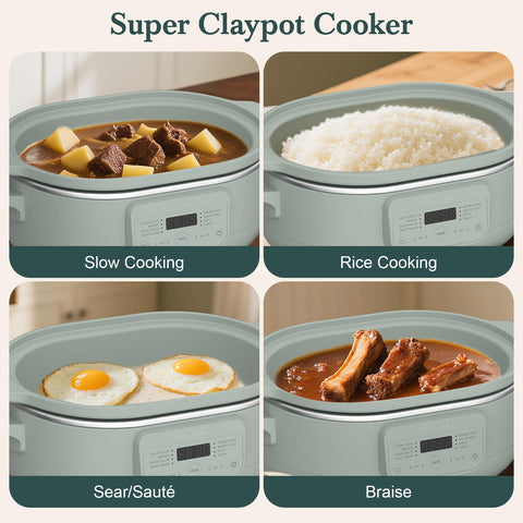Magnifique olive slow cooker filled with lasagna, illustrating ample capacity