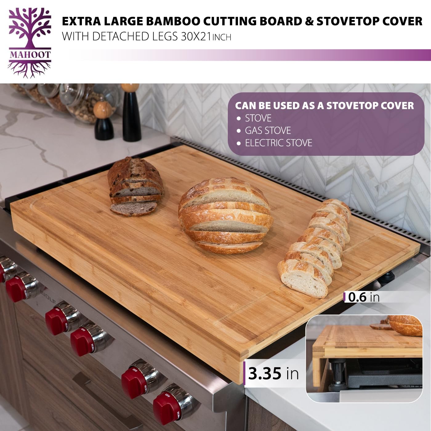 MAHOOT bamboo board configured as stove cover protecting counters during cooking