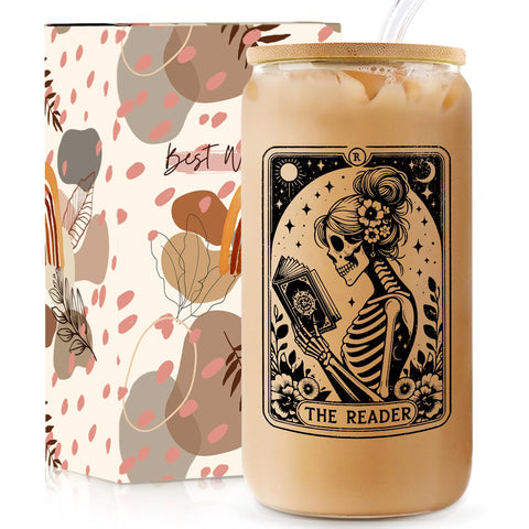 Mahrokh 16oz glass coffee tumbler with lid and straw, ideal for iced coffee on the go.