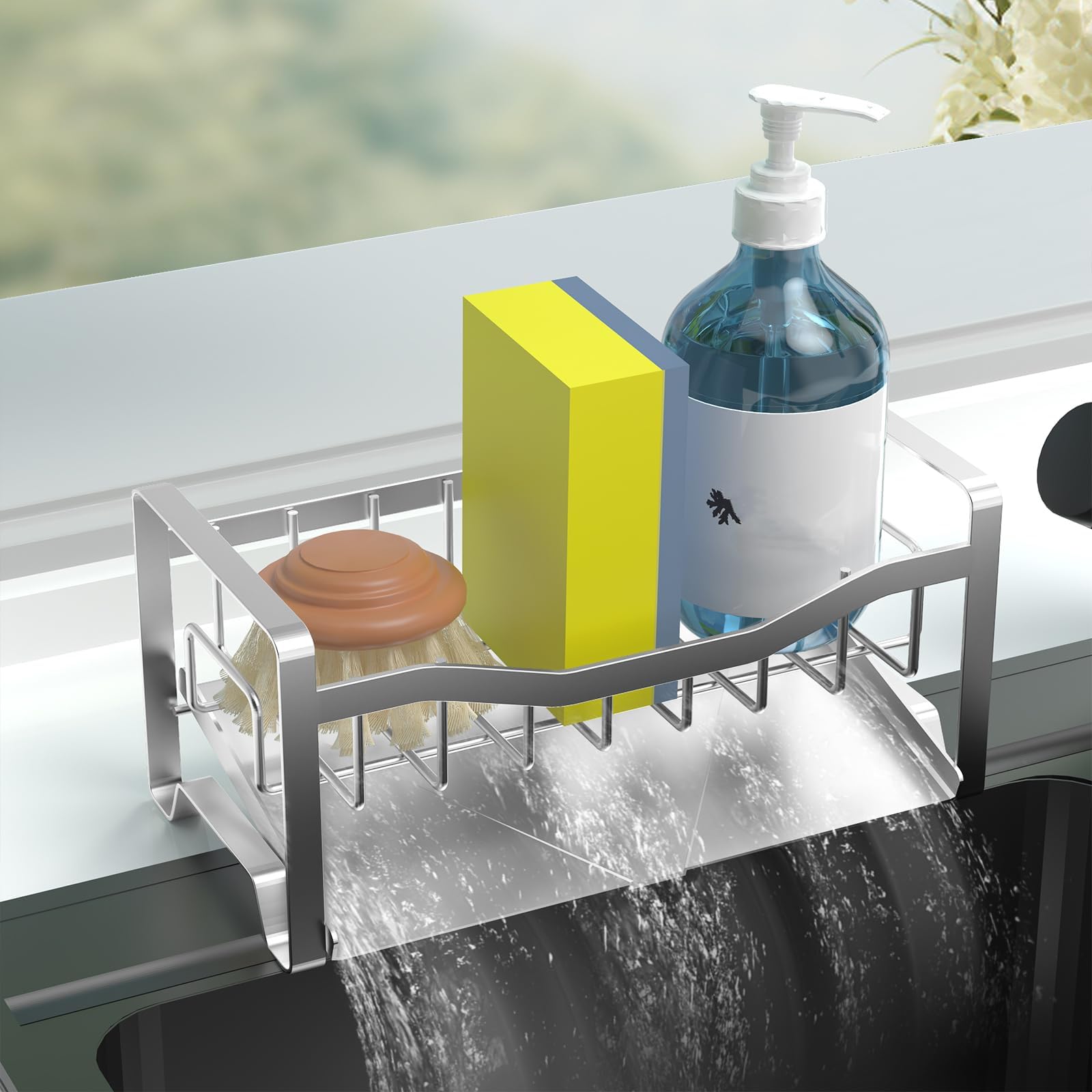 Maifan kitchen sink caddy with auto drain tray keeps countertops dry and organized.