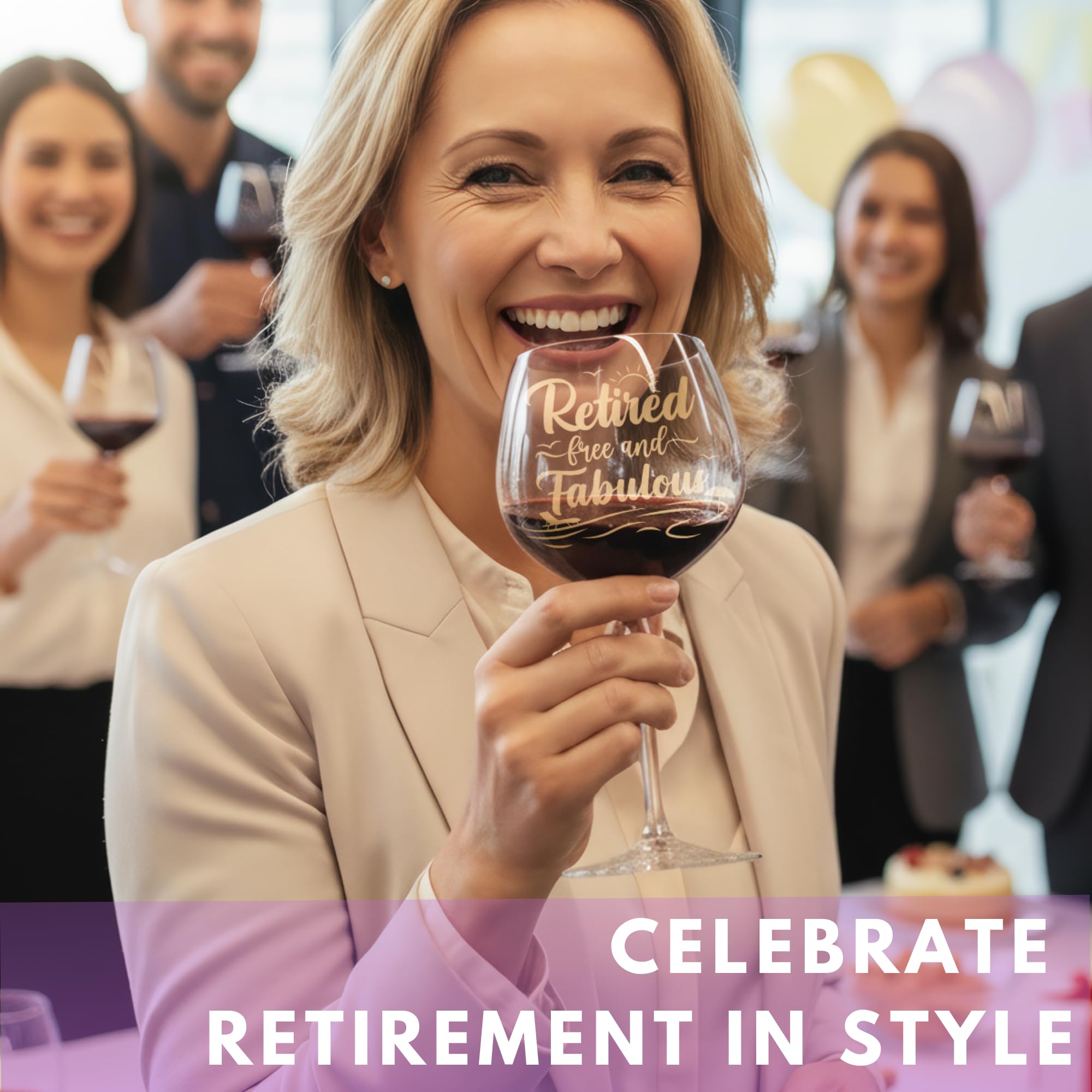 Mailabeeus glass features 'Retired Free and Fabulous' quote for a playful farewell
