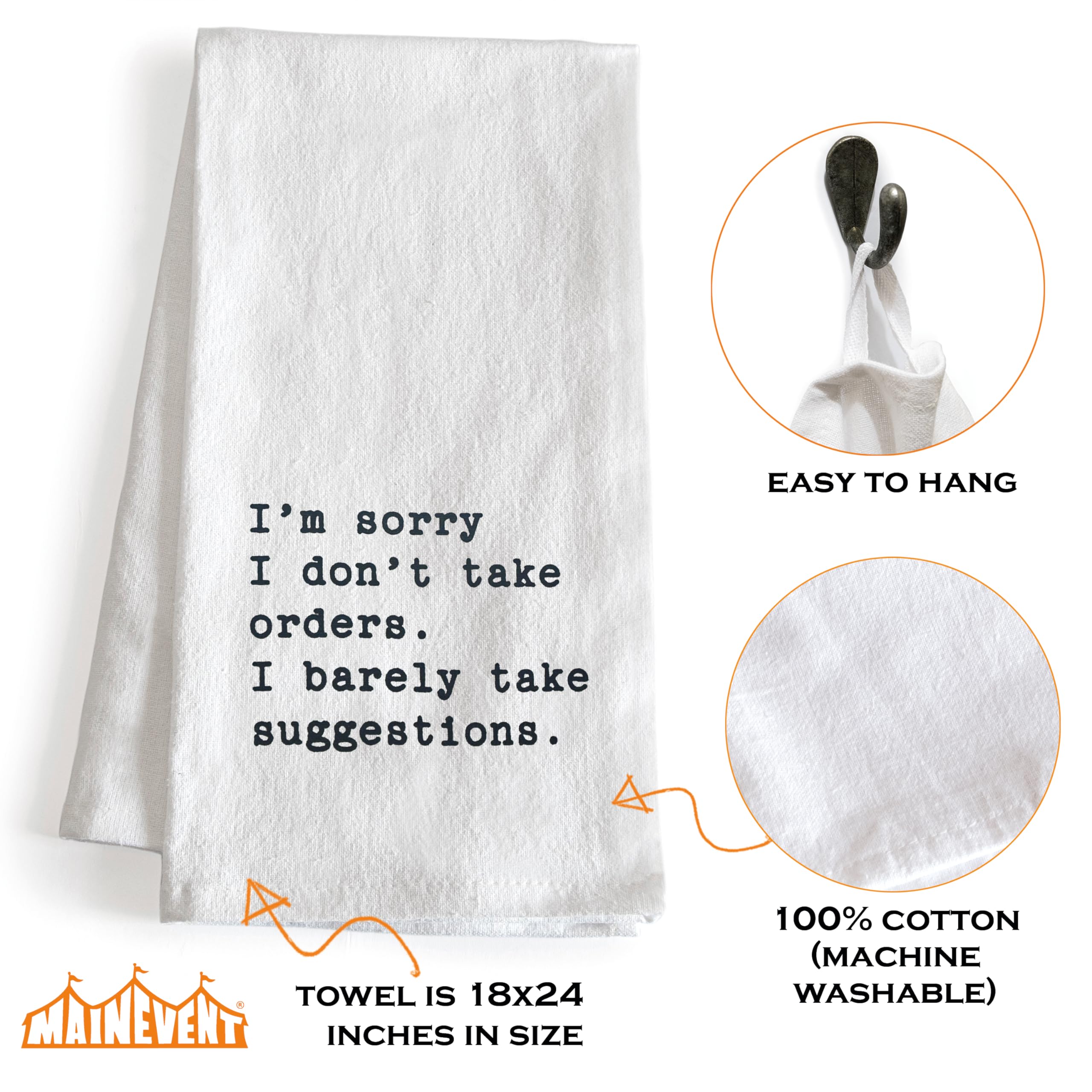 MAINEVENT dish towel text closeup highlights humorous design and durable print.
