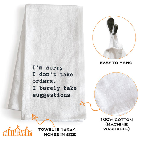 MAINEVENT dish towel text closeup highlights humorous design and durable print.
