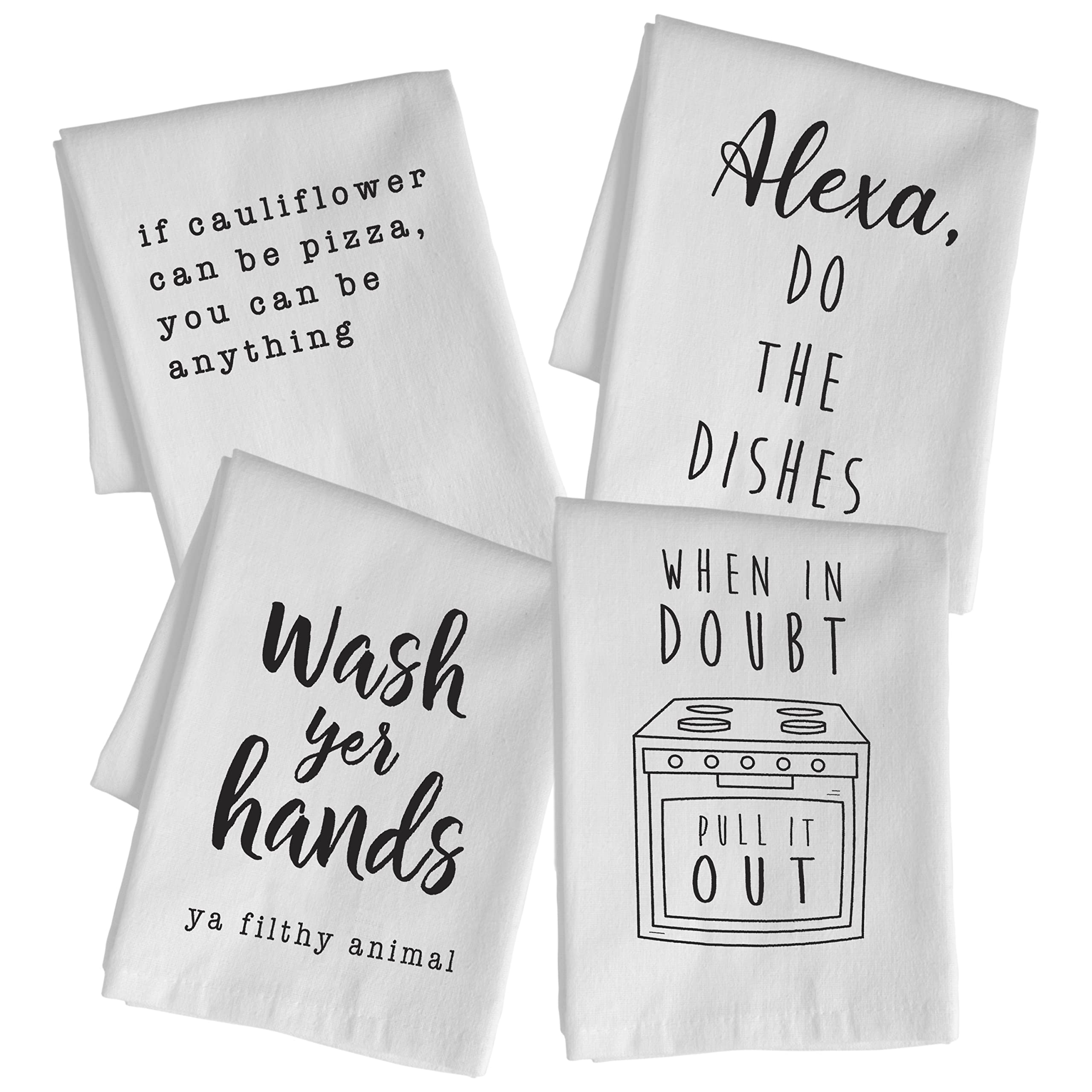 MAINEVENT funny kitchen towel 4 pack laid flat for display, vibrant and cheerful.
