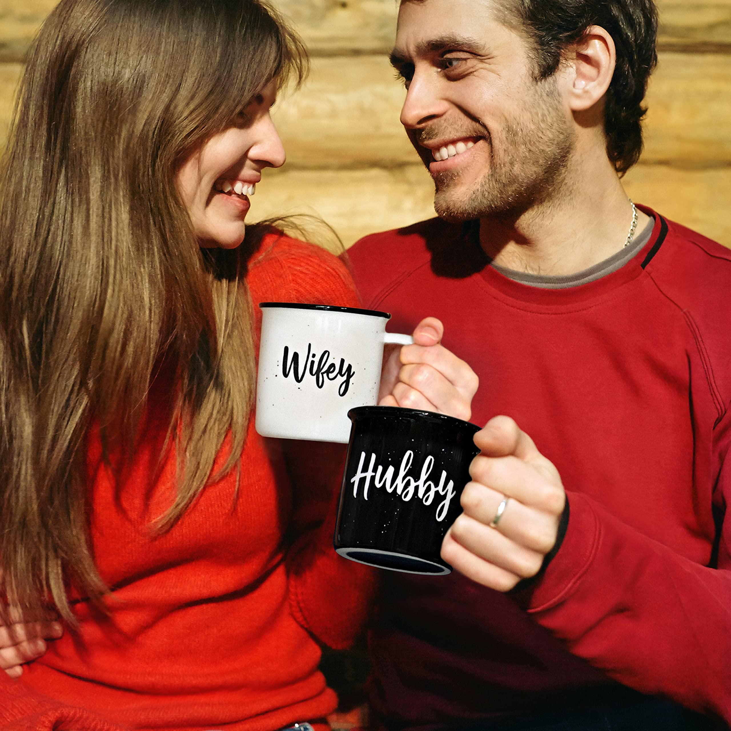 MAINEVENT Rae Dunn-inspired wifey hubby mugs add a stylish morning touch.
