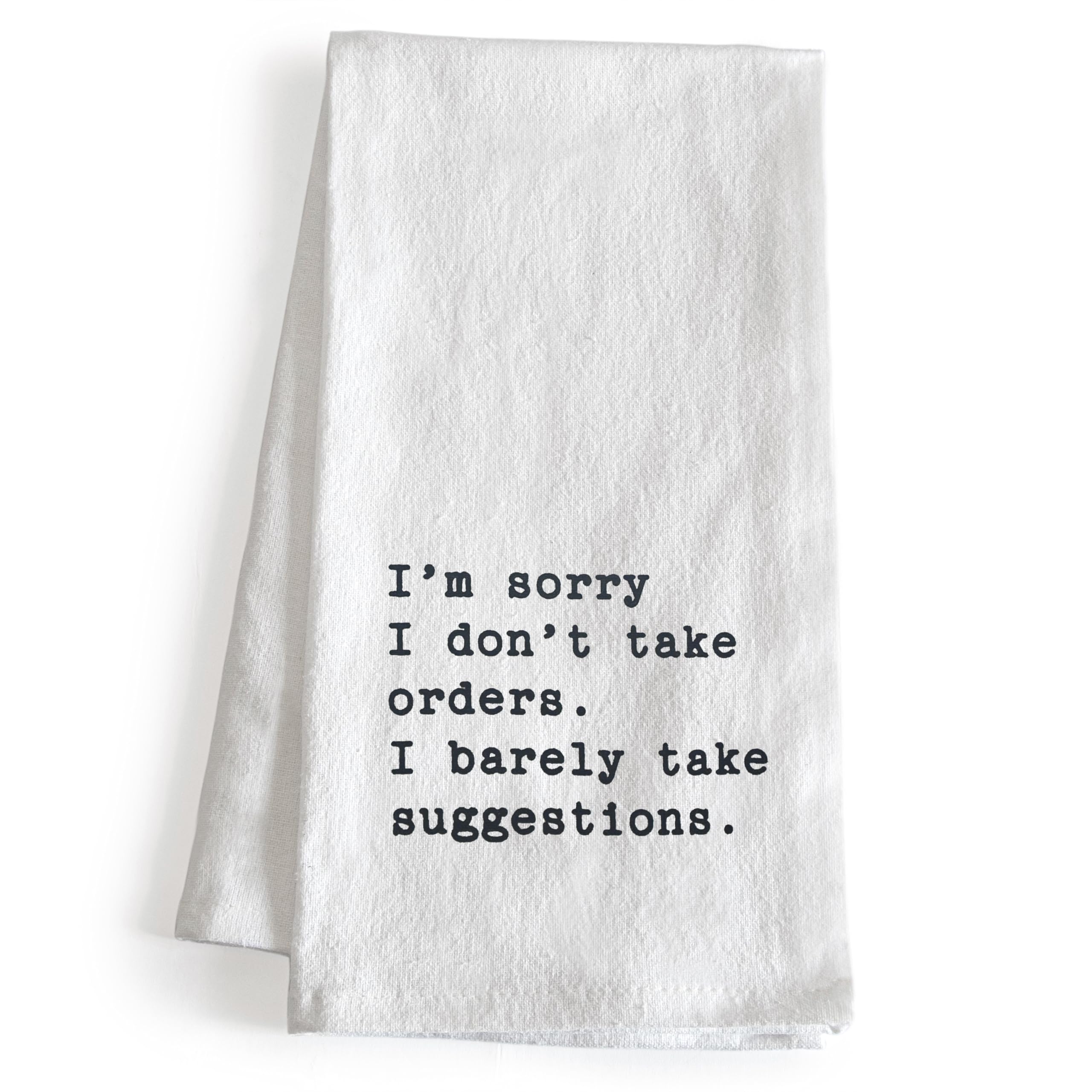 MAINEVENT dish towel front view with witty saying for stylish kitchen decor.