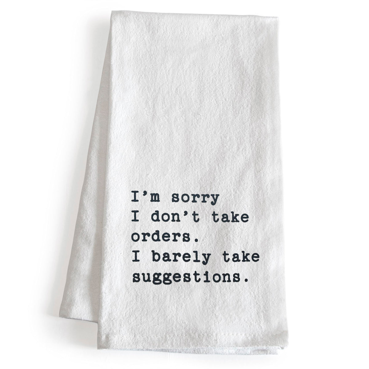 MAINEVENT dish towel front view with witty saying for stylish kitchen decor.