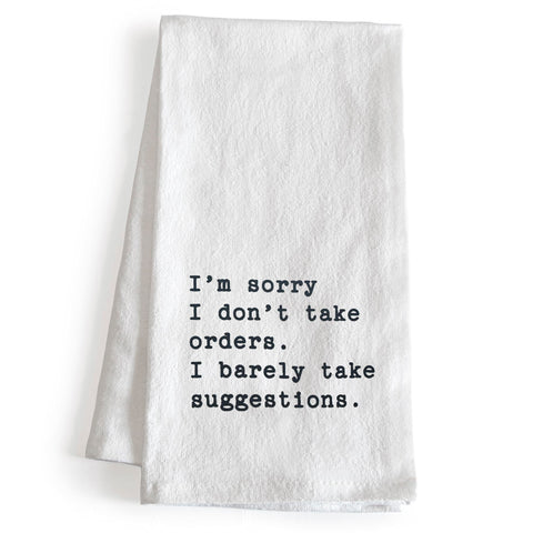MAINEVENT dish towel front view with witty saying for stylish kitchen decor.