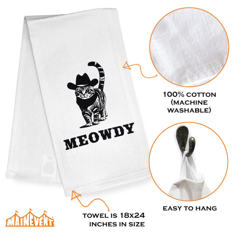 MAINEVENT Meowdy towel with black cat design for everyday dish drying.