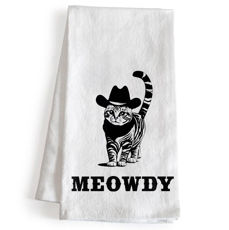 MAINEVENT Meowdy kitchen towel with cat scene, ideal for cat-loving cooks.