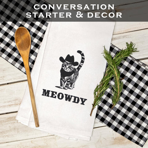 MAINEVENT Meowdy towel, easy care for busy kitchens.
